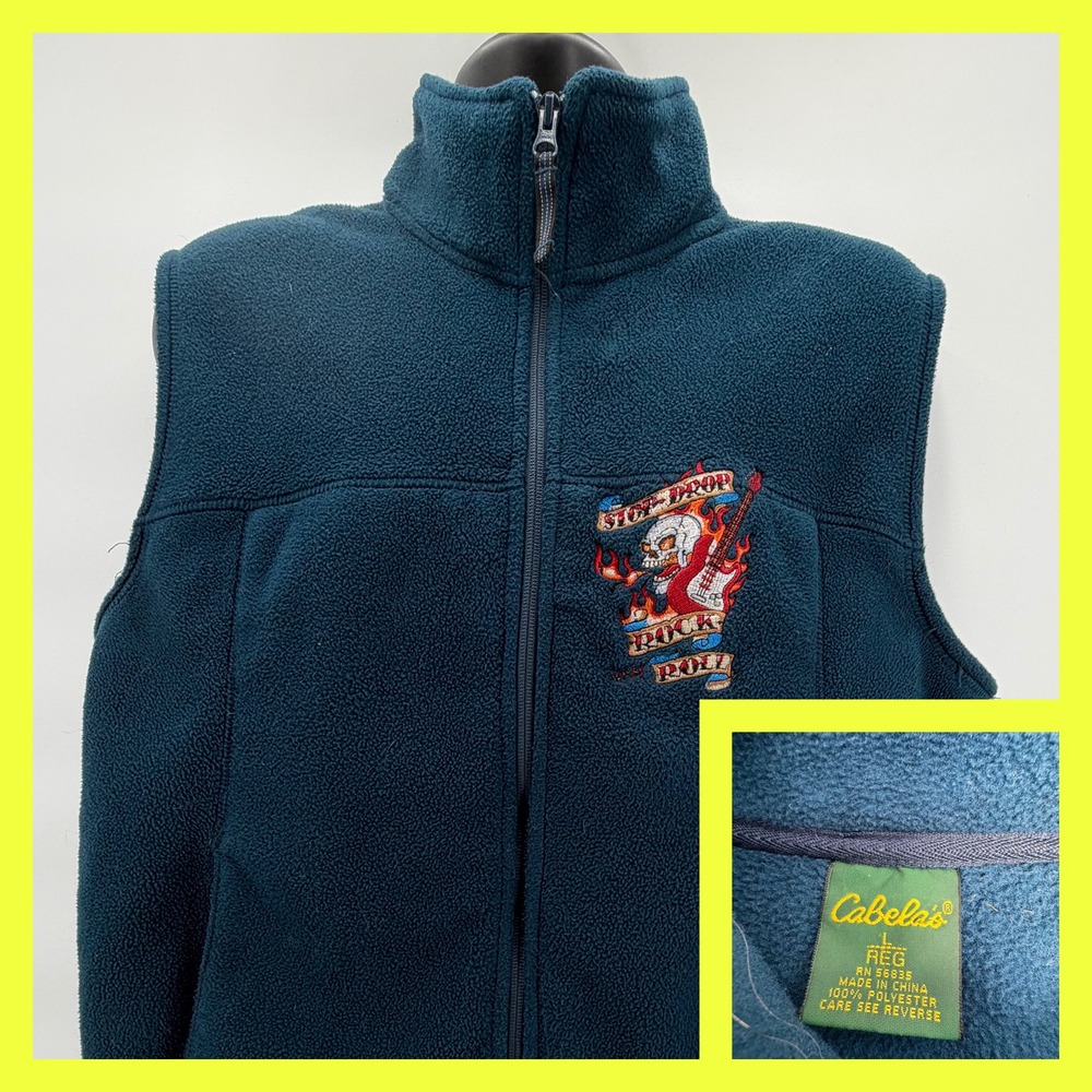 Cabela's‎ Polartec Fleece Vest Mens L Blue Skull Guitar Stop Drop Rock N Roll